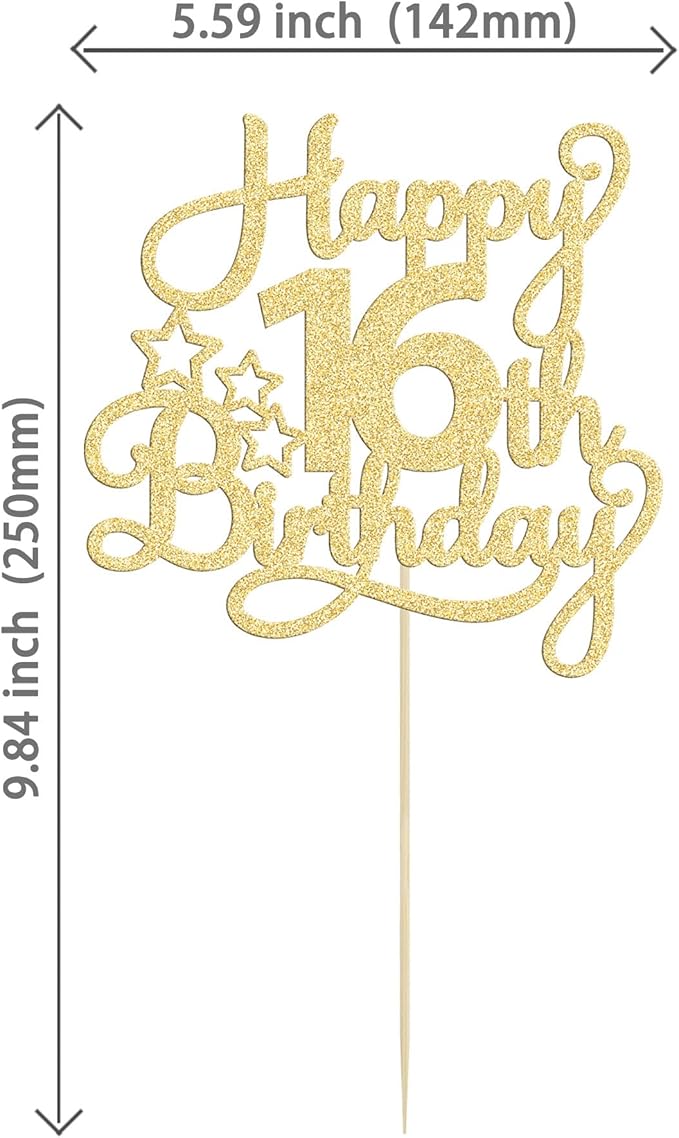 1 Pack Happy 16th Birthday Cake Topper Glitter Sweet 16 Cake Pick - Gold