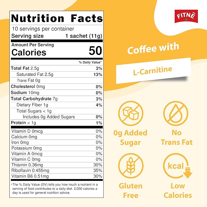 FITNE Instant 3 In 1 Coffee Packets Mix With L-Carnitine For Workout Exercise Vitamin B1 B2 B6 Smooth Blend No Sugar Sucralose Sweetener, 10 Sticks
