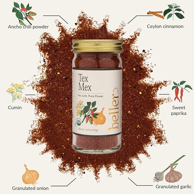 Beller Nutrition Tex Mex Organic Ancho Chili Powder Spice Blend Seasoning | 2 oz | Mexican Seasoning with Ground Ancho Powder, Paprika, Cumin, Ceylon Cinamon & More | Use as Taco Seasoning & Rib Rub