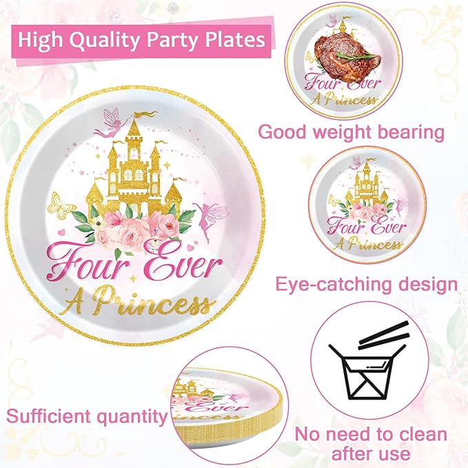 96Pcs Four Ever a Princess Plates and Napkins Girl 4th Birthday Party Decorations Royal Pastel Castle Dessert Disposable Plates Pink & Gold Tableware Set for 24 Guests Floral Fairytale Party Supplies