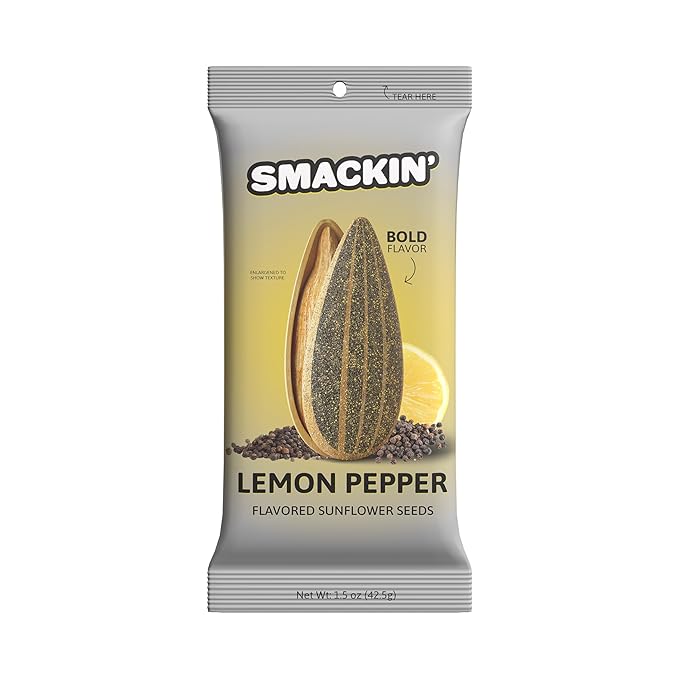 SMACKIN' Sunflower Seeds, Roasted Jumbo Small-Batch, American Made - Lemon Pepper. 1.5oz bags (36 Pack)