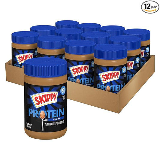 SKIPPY Chunky Peanut Butter Blended with Plant Protein, 16oz Plastic Jar, 12 Pack