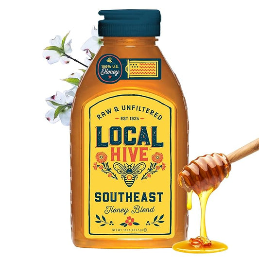 Local Hive Southeast Raw Unfiltered Honey – 16 oz, 100% Pure US Honey, Sourced from American Bees and Beekeepers - Natural Sweetener, Ideal for Tea, Baking, and Cooking