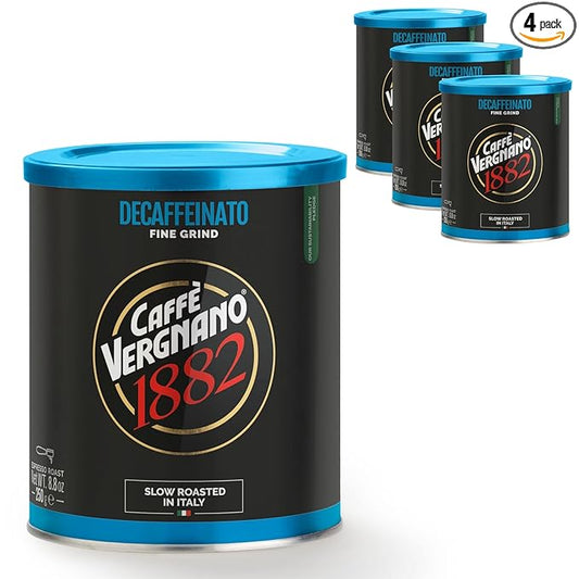 Caffì±?Vergnano Decaf Italian Ground Coffee, 4 Pack ??100% Arabica for Moka, Intensity Level 6 ??Rich, Full Flavor Without Caffeine, Notes of Dried Fruit, Cocoa & Caramel - 8.82 oz Tins