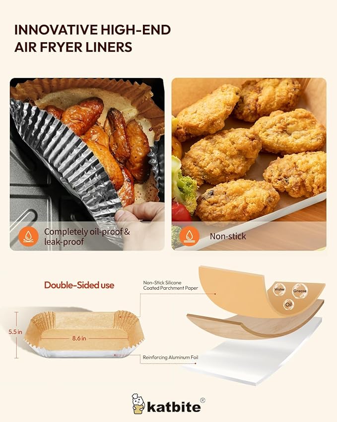 Katbite Rectangle Air Fryer Liners Disposable for Greasy Foods,8.6x5.5",Non-Stick Food-Grade Paper Inside &Reinforced Aluminum Outside,Airfryer Accessories for Dual Basket,Foodi DZ201,DZ401,DZ090
