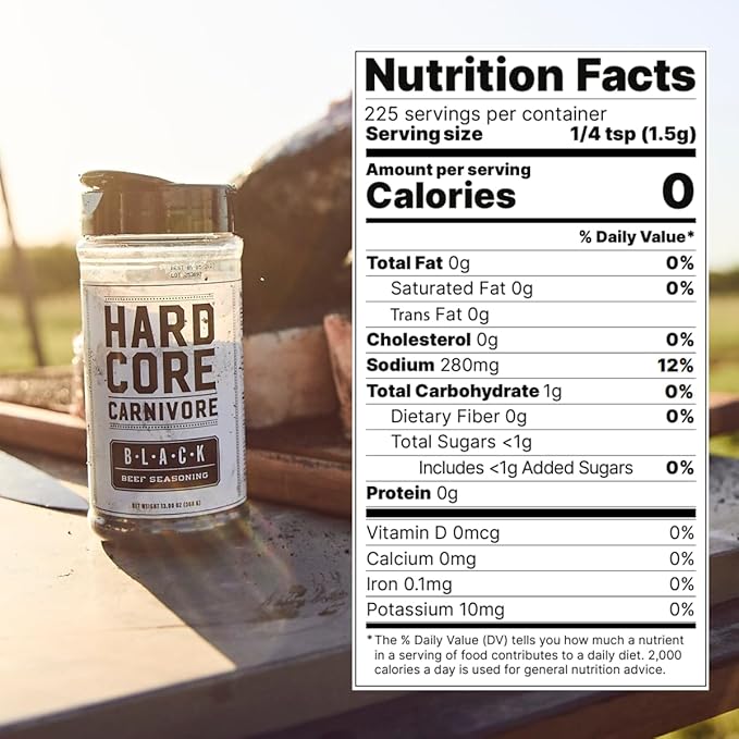 Hardcore Carnivore Black: Activated Charcoal Meat Seasoning Rub (13 oz Shaker) Texas-Made, Blend for Steak, Brisket, Burgers, BBQ, Grilling and Smoking