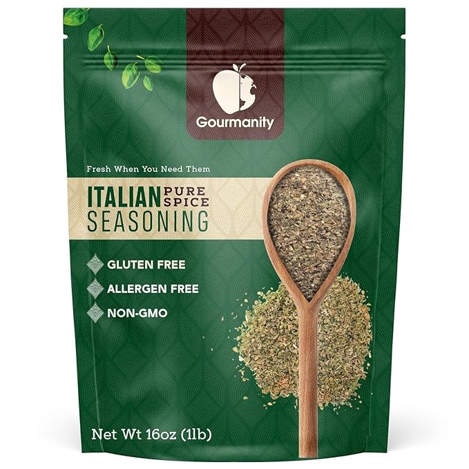 Gourmanity Italian Seasoning, the Perfect Blend of Oregano, Basil, Marjoram, Rosemary and Thyme herbs, Salt-free, Use on Spaghetti, Pizza, Salad, Pasta, Non-GMO, 1lb [16oz] bag