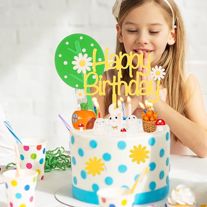 Yookeer 24 Pcs Bunny Cake Topper Set Rabbit Decorations Figurines Carrot Cake Decorations Rabbit Topper Happy Bunny Birthday for Kids DIY Birthday Party Garden Decor