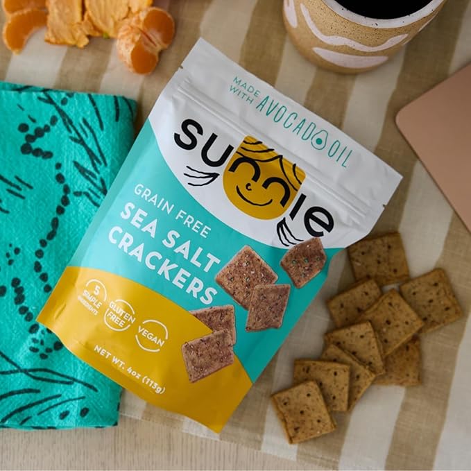 Sunnie Gluten Free Crackers - Healthy Grain Free Sea Salt Crackers, Snacks for Kids & Adults, Made with Avocado Oil, Only 5 Ingredients, Vegan Snack, Low Calorie (4 oz - Pack of 9)