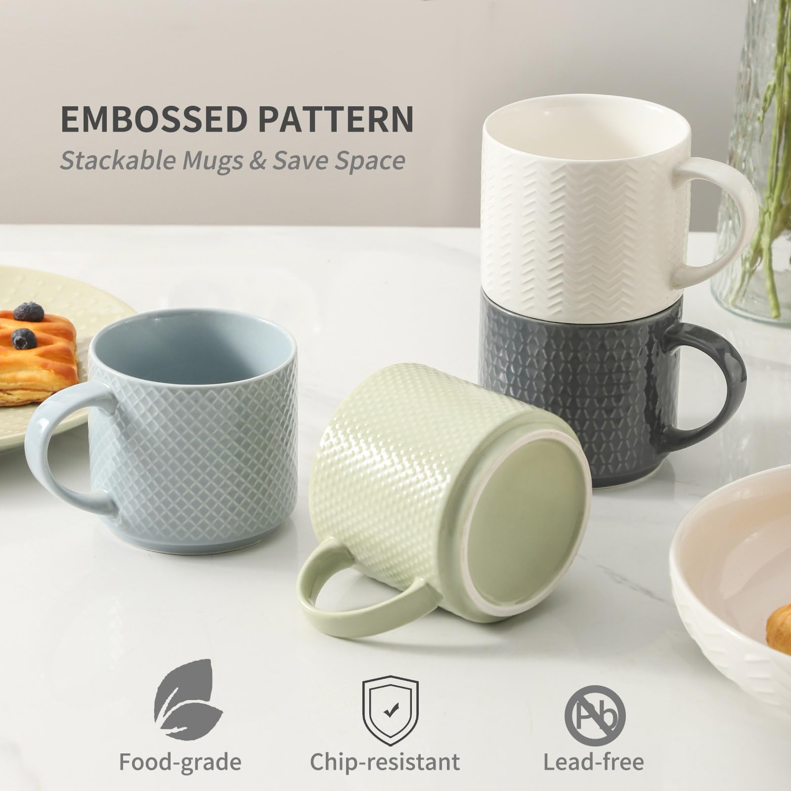 HASENSE Coffee Mugs with Metal Stand,15 oz Ceramic Stackable Mug Set Embossed Latte Cup, Ceramic