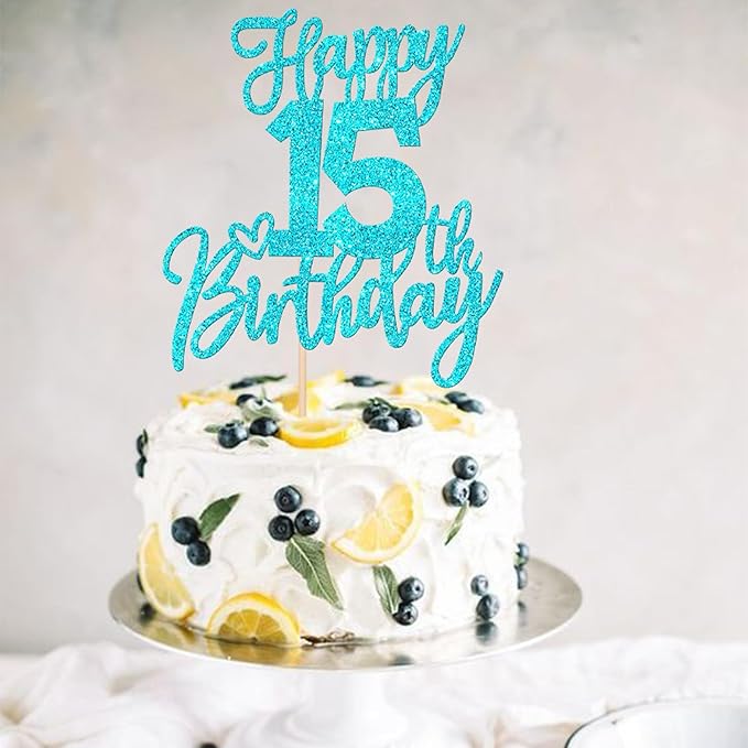 1 PCS Happy 15th Birthday Cake Topper Glitter Cheers to 15 Years Birthday Cake Pick Sweet 15 Fabulous Cake Decoration for Happy 15th Birthday Anniversary Theme Party Decorations Supplies Blue