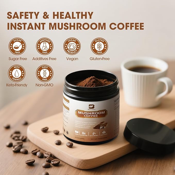 B BEWORTHS 2Pack Mushroom Coffee Powder with MCT Oil - 10 Mushroom Lion's Mane, Turkey Tail, Reishi, Cordyceps & Chaga - Instant Arabica Mushroom Coffee for Focus, Immune, Gut & Brain Health | Keto