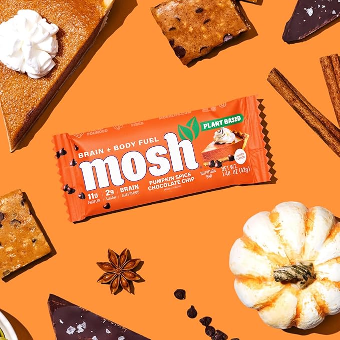 MOSH Peanut Chocolate Chip Vegan Protein Bars, Plant Based, Keto, Gluten Free, Brain Healthy Snack with Cognizin, Ashwagandha and Lion's Mane, 12 Count