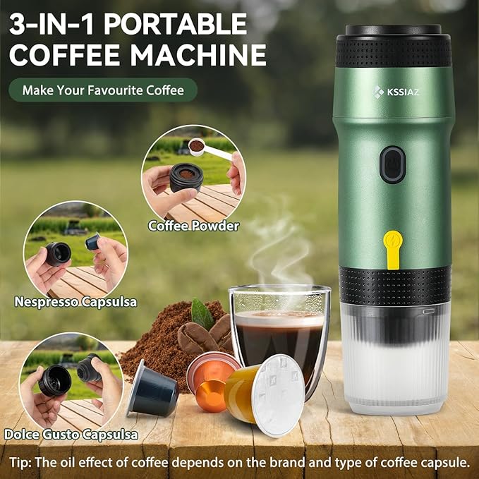Portable Espresso Machines, Electric Espresso Maker with Self-Heating, USB-C & Car Charger, 20 Bar Mini Coffee Maker With NS Capsule & Ground Coffee for Camping, Hiking, Travel, Office, Green