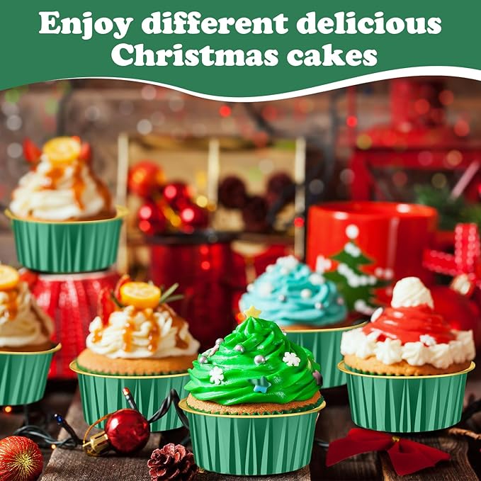 Gejoy 400 Pcs Aluminum Foil Baking Cups with Lids 5 oz Disposable Ramekins Mini Cake Pans Creme Brulee Cupcake Liners Muffin Tins Flan Mold Dessert Container for Wedding (Dark Green,Gold,Classic)