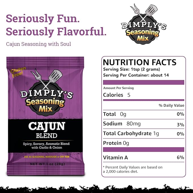 Dimply's Cajun Seasoning Mix – 6 Pack, 1 oz Each – Bold Creole Spice Blend for Chicken, Meat, Seafood, Tofu, and Vegetables – Dry Rub and Marinade – Vegan, Gluten Free, No MSG, Preservative Free