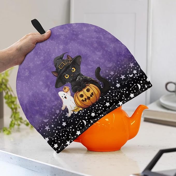 Black Cat Tea Cozy for Teapot Insulated for Halloween Day Pumpkin Teapot Insulation Cover Breakfast Warmer Keeping Warm Kettle Kitchen Dust Cover