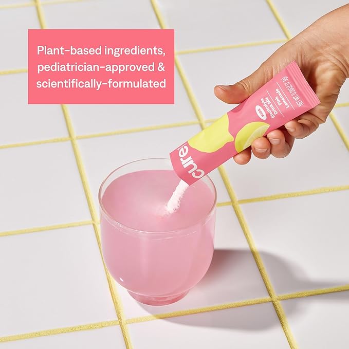 Cure Hydration Kids Electrolyte Drink Mix | Plant-Based Pediatrician Formulated Rehydration | No Added Sugar, FSA-HSA, Non-GMO, Gluten-Free, No Artificial Flavors | Box of 6 Packets - Pink Lemonade
