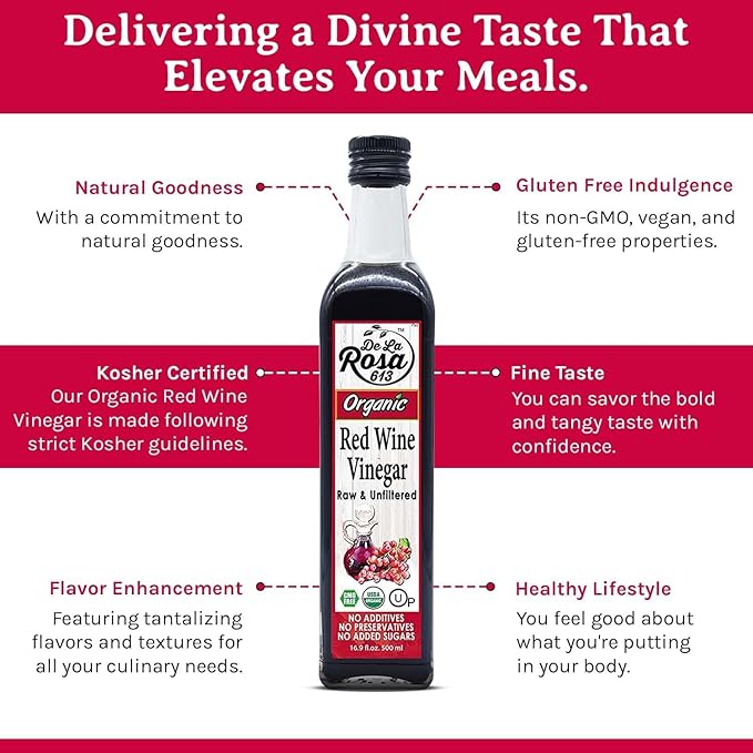 De La Rosa Organic Red Wine Vinegar, Raw & Unfiltered, Kosher for Passover, Vegan, Non-GMO & Gluten Free, Great for Salad Dressings, Marinades & More, Organic Red Wine Vinegar, 16.9 Oz (Pack of 1)