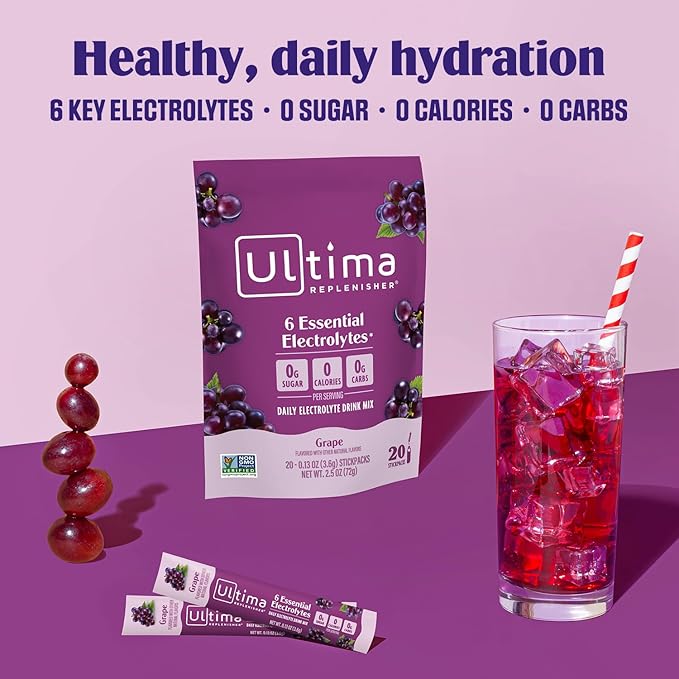 Ultima Replenisher Daily Electrolyte Powder Drink Mix ??Sugar Free ??Grape, 20 Stickpacks ??Hydration Packets with 6 Key Electrolytes and Trace Minerals ??Keto Friendly, Vegan, Non-GMO