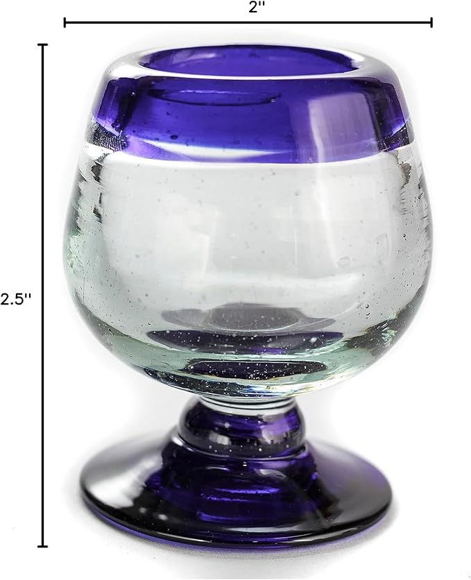 Authentic Mexican Tequila Hand Blown Shot Glasses - Set of 4-2 oz - Mini Glass Snifters - Heavy Base - Cognac (Cobalt Blue Rim)