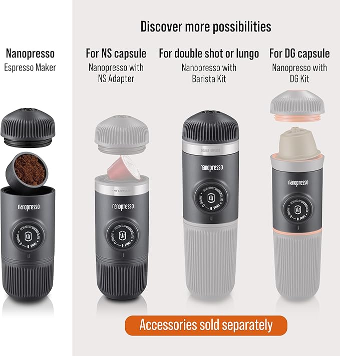WACACO Nanopresso Portable Espresso Maker Bundled with Protective Case, Mini Travel Coffee Machine, Perfect for Camping, Travel and Officeç«?Blackç«?,<div>