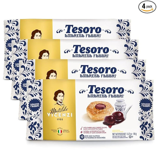 Tesoro Fabbri Wild Cherry Filling by Pasticceria Matilde Vicenzi, Cherry Cream Filled Puff Pastry Patisserie, Kosher Dairy, Made in Italy, 3.17oz (90g), 4-Pack