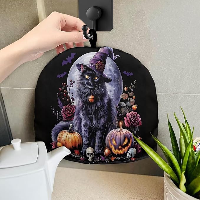 Halloween Teapot Dust Cover Tea Cozy for Teapot,Foldable Kitchen Kettle Dust Tea Pot Decorative Cover for Kitchen,Tea Cosy Jack-o'-Lantern Cat Print