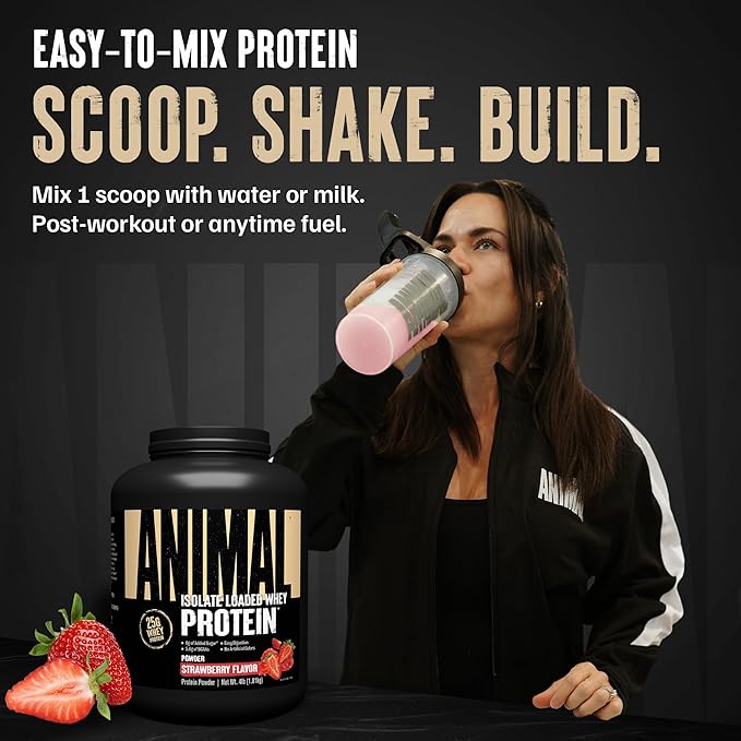 Animal Whey Isolate Protein Powder - Loaded for Pre & Post Workout Muscle Builder and Recovery with Digestive Enzymes for Men & Women - 25g Protein, Great Taste, Low Sugar - Strawberry 4 lbs
