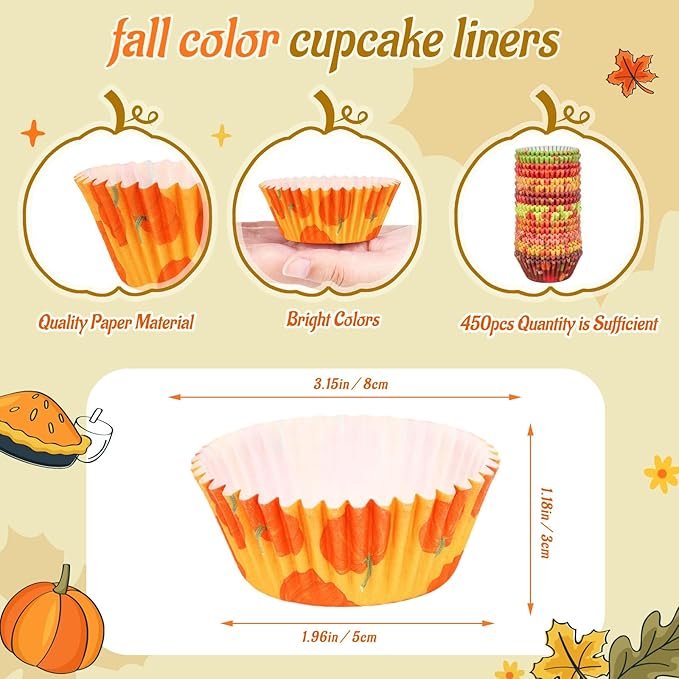 SANNIX 450pcs Fall Cupcake Liners, Thanksgiving Pumpkin Maple Leaf Cake Baking Cups Cupcake Wrappers Paper Wraps Muffin Liners for Autumn Thanksgiving Party Candy Cake Decorations Supplies(9 Designs)