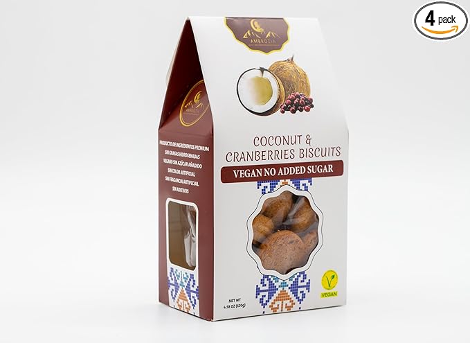 Ambrozia Vegan Snack Biscuits ??Coconut & Cranberry - Soft Baked, No Added Sugar, Clean Label, High Fiber & Wholesome Ingredients, Kid-Friendly, Healthy Snacks for Active Lifestyles, 4 x 4.58 Oz