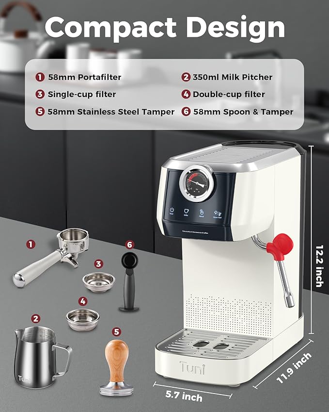 Tuni E2 58mm Espresso Machine 20Bar Espresso Maker, ?ë¦?ë§?ë¦?ë§??ë¦?ë§?ë§?ë§?ë§?ë§?Coffee Maker with 10mm Steam Milk Frother, Semi-automatic Coffee Machine with UKLA Pump for Espresso, Gift for Coffee Lover