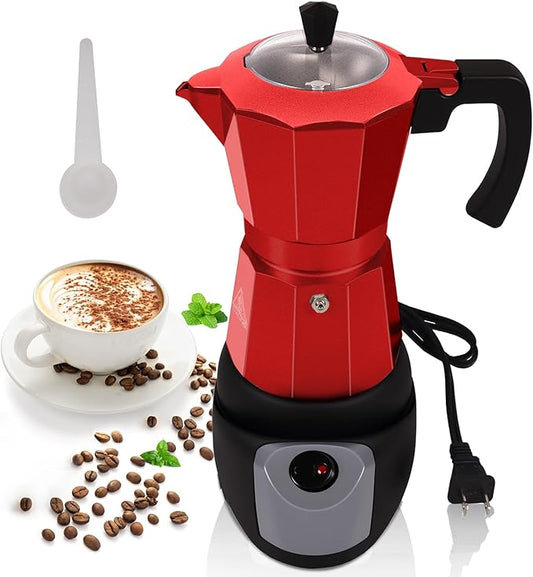 Aluminum Electric Moka Pot 5-6 Cup 270ml Express Coffee Maker Stovetop Espresso Portable Coffeemaker Italian Classic Brewing Greca Cafe Mocha with Removable Base and Overheating Protection Machine