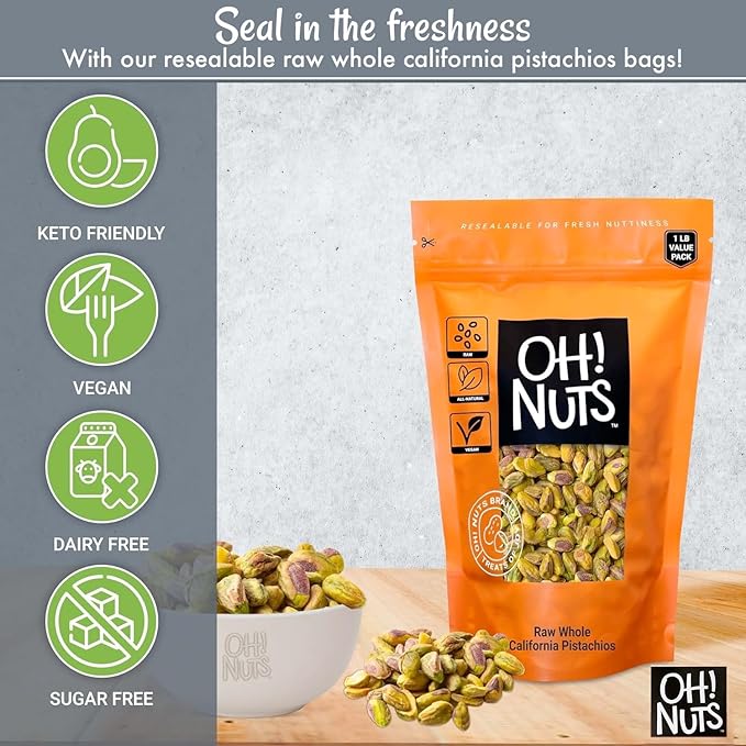 Oh! Nuts Pistachios No Shell - Raw - 100% Natural - 1 lb - Raw Whole California Pistachios - Packed in New York Zip-Seal Bag for Exceptional Freshness
