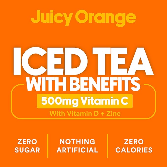 Ryl Immune Support Iced Tea, Juicy Orange, 500mg Vitamin C with Vitamin D & Zinc, Zero Sugar, Zero Calories, 16.0 Fl Oz (12-Pack)