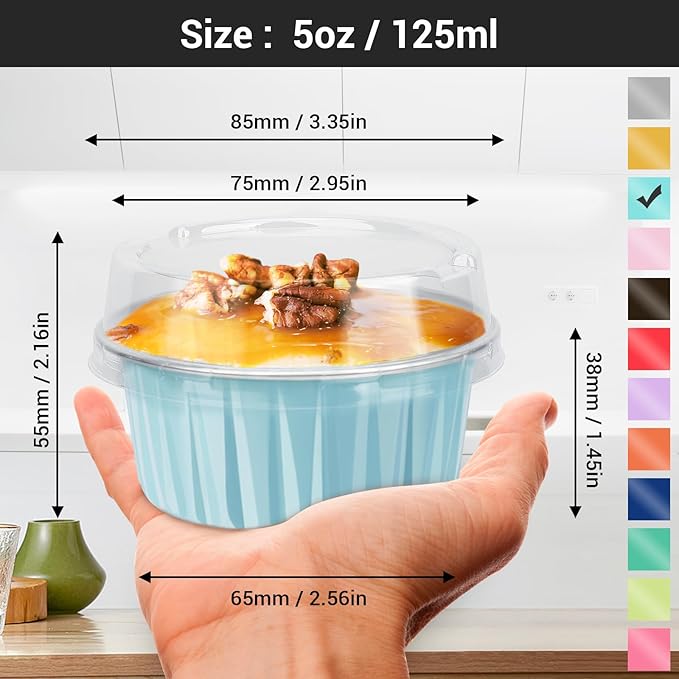 EUSOAR Disposable Ramekins with Lids, Lake Blue 25Packs 5oz Aluminum Foil Mini Muffin Liners, Dessert Cheesecake Pan Creme Brulee Cupcake Ramekins Containers for Catering Gathering Club Wedding Party