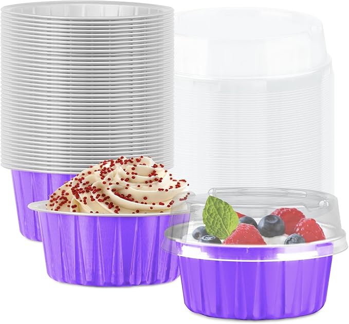 Lainrrew 50 Pack Baking Cups with Lids, Aluminum Foil Cupcake Cups Muffin Liners, Disposable Foil Ramekins, Cupcake Holders Dessert Containers Mini Pudding Cups (Purple)