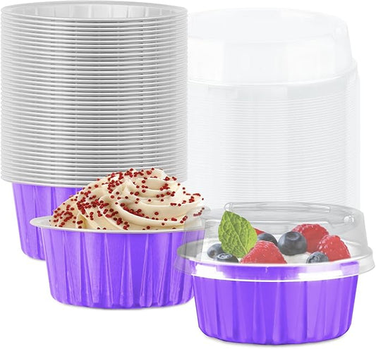 Lainrrew 50 Pack Baking Cups with Lids, Aluminum Foil Cupcake Cups Muffin Liners, Disposable Foil Ramekins, Cupcake Holders Dessert Containers Mini Pudding Cups (Purple)