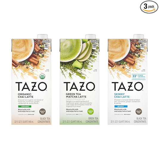 TAZO Tea Concentrate, Green Tea Matcha Latte, Organic Skinny Chai Latte, & Organic Chai Latte 32 Fl Oz (1ea) (Variety Pack)