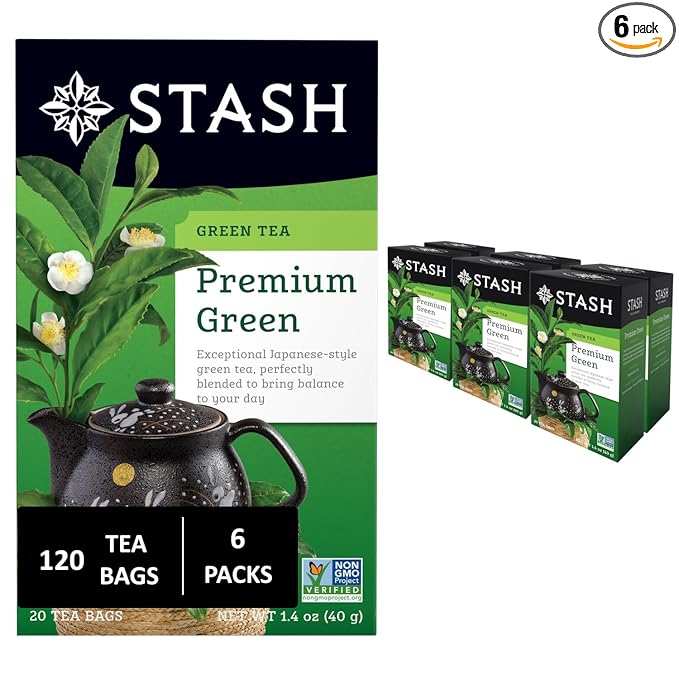 Stash Tea Premium Green Tea, 20 Count Box of Tea Bags in Foil, (Pack of 6)