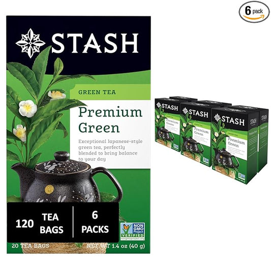 Stash Tea Premium Green Tea, 20 Count Box of Tea Bags in Foil, (Pack of 6)