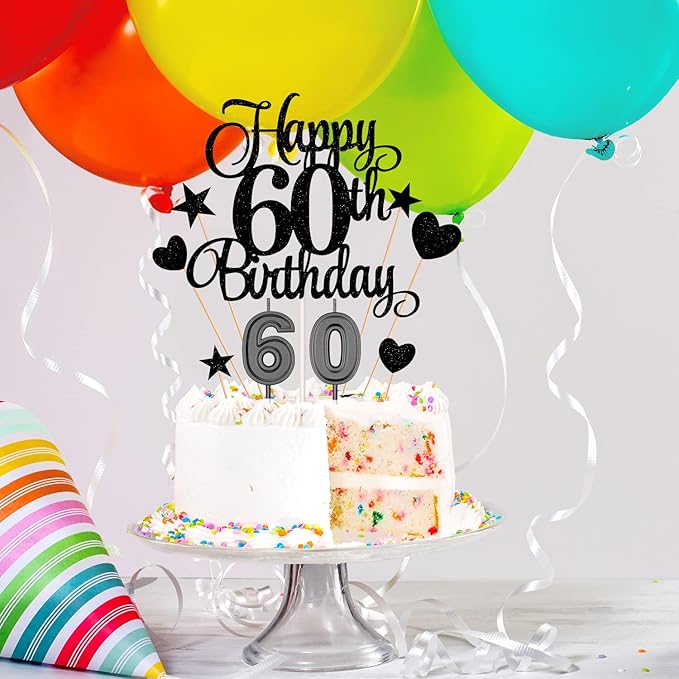 60th Birthday Cake Decorations Set Include 60th Birthday Candles Numeral 60 Cake Candles and Happy 60th Birthday Cake Toppers with Heart Star Cupcake Picks for Birthday Party (Black Series)
