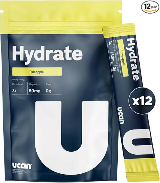 UCAN Hydrate Electrolyte Drink Mix (Pineapple, 12 Stickpacks) Sugar-Free, Keto-Friendly, Vegan, Non-GMO, Gluten-Free Electrolyte Powder with Potassium & Magnesium for Runners & Athletes