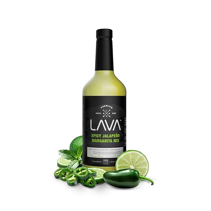 LAVA Premium Spicy Jalape챰o Margarita Mix by LAVA Craft Cocktail Co., Made with Real Jalape챰os, Agave Nectar, Key Limes, Lots of Flavor and Ready to Use, 1-Liter Glass Bottle