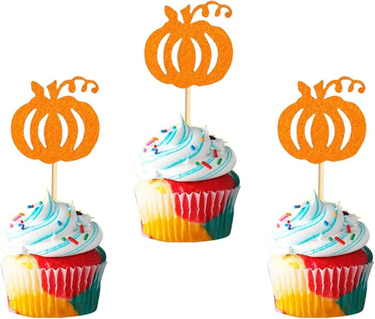 24pcs Orange Glitter Pumpkin Cupcake Toppers - Fall Theme Picks for Thanksgiving, Halloween, Birthday, Baby Shower Party Decoration Supply