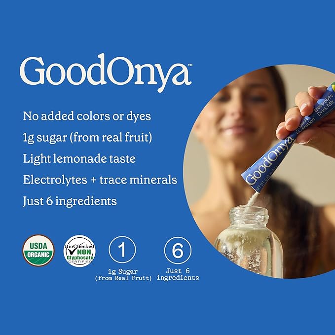 GOODONYA Organic Hydration Electrolyte Drink Mix, Certified Organic Hydration Powder, Non-GMO, Biochecked Glyphosate Free, Low Sugar, Lemonade Flavor, No Artificial Flavors,12 Stick Packs