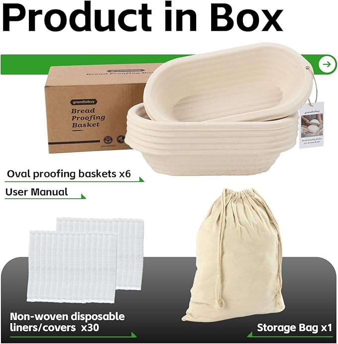 6x 12inch Oval Pulp Bread Proofing Basket Sourdough Banneton Bortform with 30pcs Liner Cover Bread Baking Supply For Professional and Homemade Artisan Bread