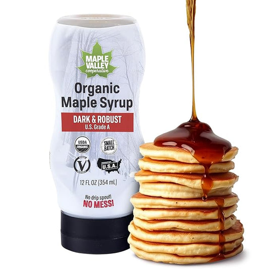 Maple Valley Organic Pure Maple Syrup, Dark & Robust Better Than Pancake Syrup, Use for Coffee or All-Natural Sugar Substitute in Cooking and Baking (12oz Plastic Squeeze Bottle)