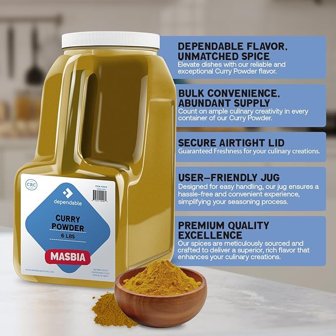 Dependable Foods Curry Powder Spice – 6 Lb. Bulk Jar - 100% Natural, Non-GMO, Salt-Free, Allergen Free | Kosher, | Exotic Seasoning Blend