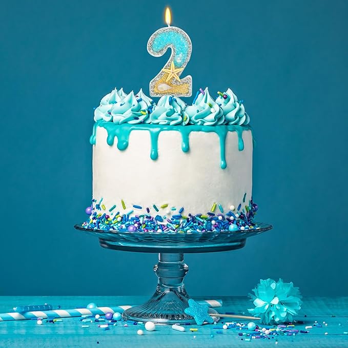 2nd Birthday Candle for Cake, Beach Starfish Sequins Candles, 2.76 inch Cake Topper Decoration for Birthday Party (Number 2)